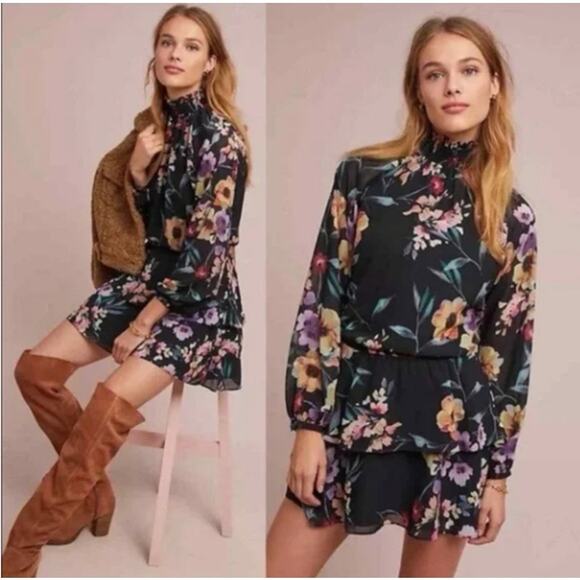 Yumi Kim Dresses & Skirts - YUMI KIM Black Floral Class Act Lake Side Long Sleeve Tiered Mini Dress Size S